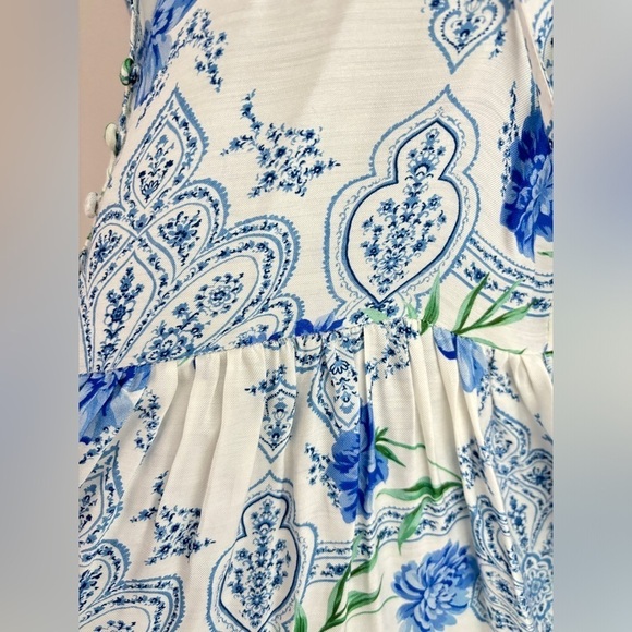 Hunter Bell Long Sleeve Tiered Short Dress in Blue & Green Floral Medallion, XS - Picture 6 of 8